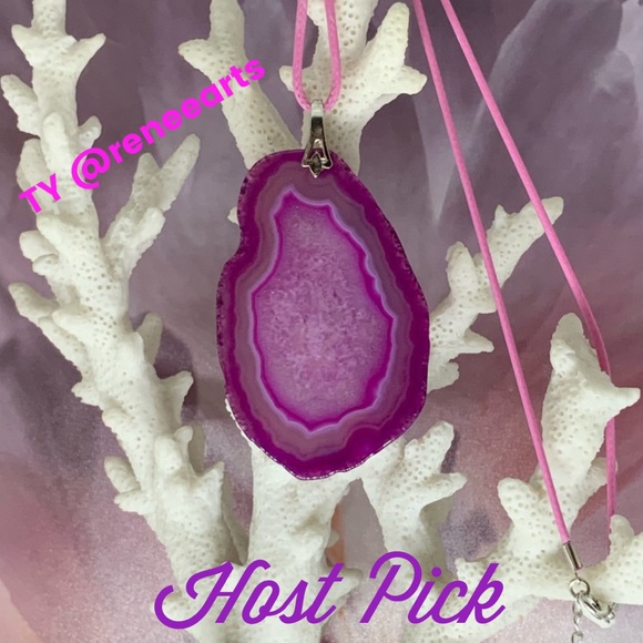 Handcrafted Pink Druzy Geode Agate Slice Pendant Necklace on Waxed Cotton Cord - Picture 8 of 12